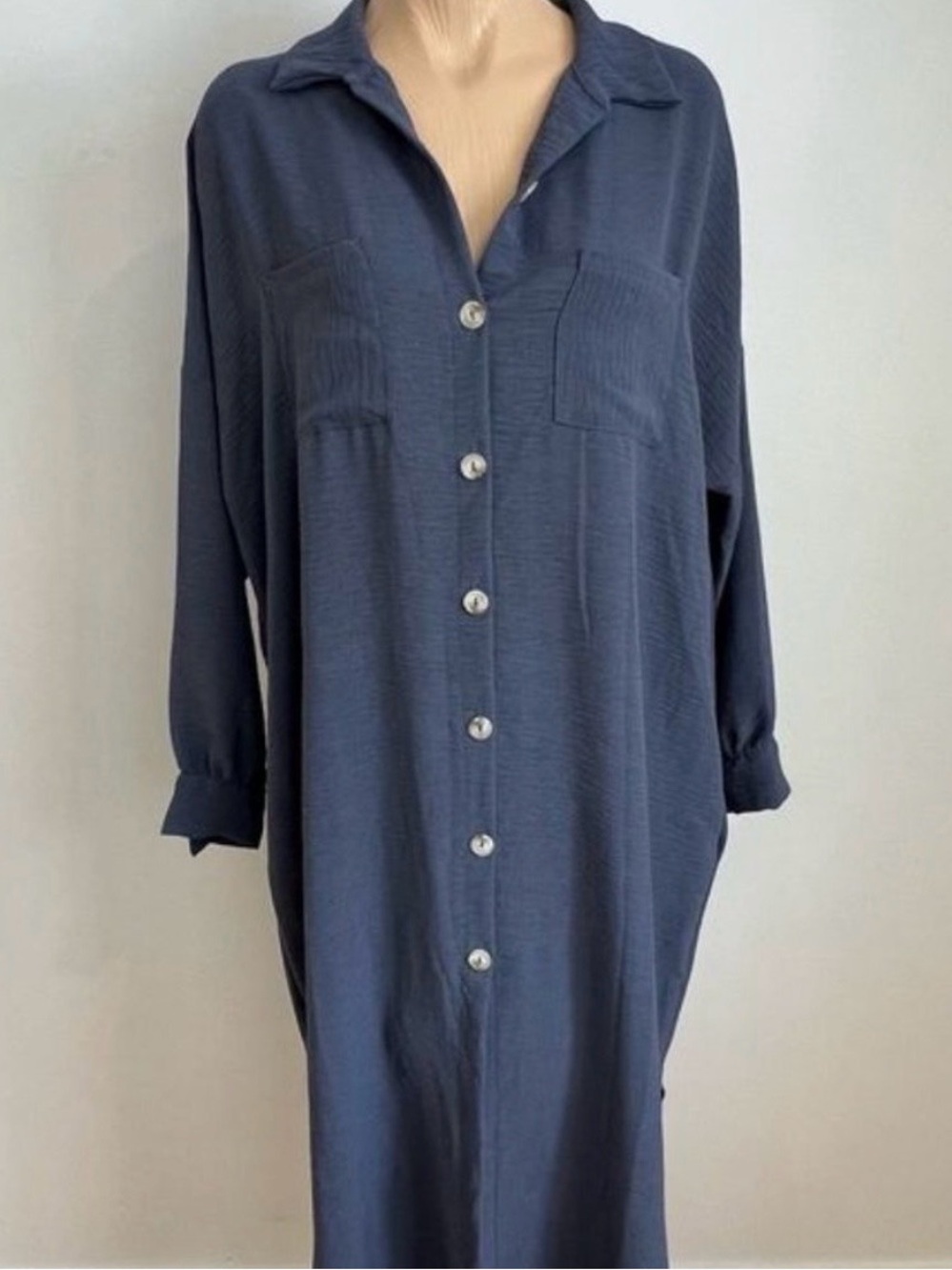 Women’s Relaxed Long Sleeve Dark Blue Shirt Dress